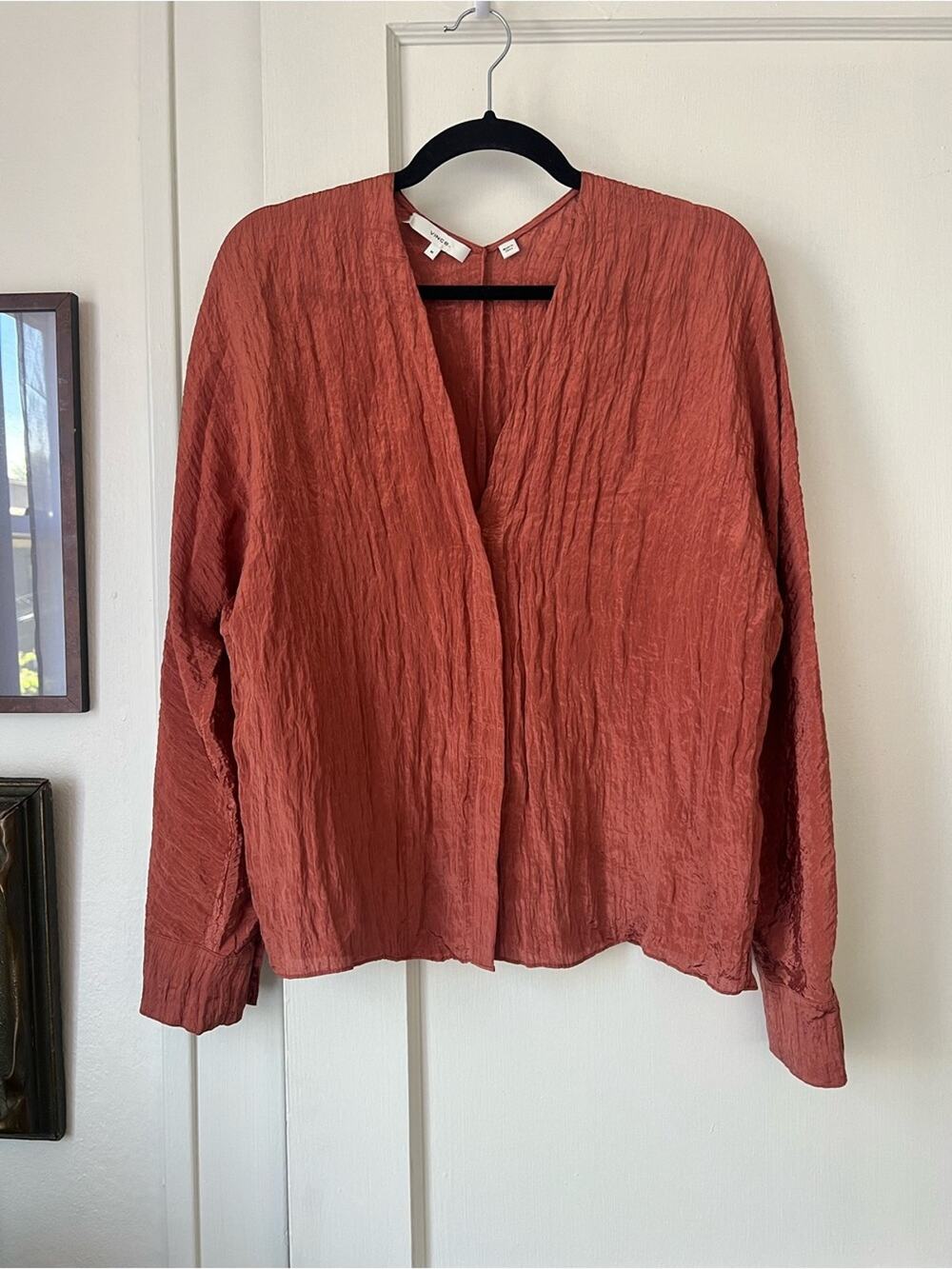 Vince V-Neck Crinkle-Effect Terracotta Orange Blouse